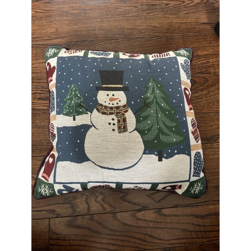 Snowman Mittens Winter Tapestry Throw Pillow 16x16 Christmas Holiday Decor